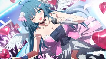 1girl absurdres ahoge amano_nene_(vtuber) balloon bandaid bandaid_hair_ornament bare_shoulders black_choker blue_eyes blue_hair braid breasts choker commission dress falling_feathers feathered_wings feathers flower hair_flower hair_ornament heart heart_ahoge heart_balloon highres holding holding_microphone indie_virtual_youtuber microphone misaki_nonaka mole mole_on_breast o-ring o-ring_choker one_eye_closed open_mouth pink_dress rose skeb_commission smile strapless strapless_dress virtual_youtuber white_feathers white_flower white_rose white_wings wing_hair_ornament wings