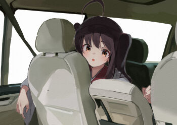 1girl :o ahoge brown_eyes brown_hair car_interior commentary_request day japanese_clothes kimono lamb_(hitsujiniku) long_hair long_sleeves looking_at_viewer parted_lips seatbelt solo sunlight touhoku_kiritan twintails voiceroid white_kimono wide_sleeves