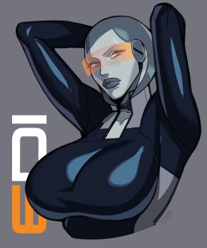 Rule 34 | 1girl, absurdres, android, arms behind head, arms up, artist name, bob cut, bodysuit, breasts, collarbone, colored skin, edi (mass effect), grey background, grey skin, head-mounted display, highres, holographic interface, large breasts, lips, looking at viewer, mass effect (series), mass effect 3, orange-tinted eyewear, orange visor, puffy lips, robot, science fiction, signature, skin tight, solo, tinted eyewear, upper body, zpark
