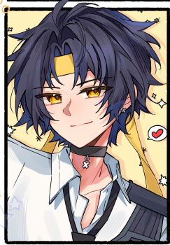 1boy asaba_harumasa black_choker black_hair black_necktie choker closed_mouth collarbone commentary earrings english_commentary half-closed_eyes headband heart highres jewelry light_smile looking_at_viewer male_focus necktie parted_bangs pendant_choker portrait shirt short_hair solo spoken_heart sshooooe star_(symbol) star_print white_shirt yellow_background yellow_eyes yellow_headband zenless_zone_zero