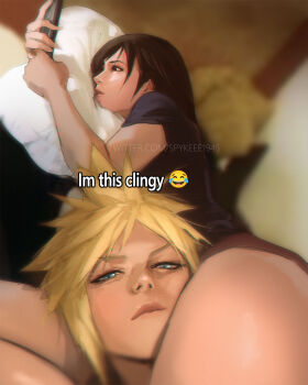 1boy 1girl black_hair black_shirt blonde_hair blue_eyes blurry blurry_background cloud_strife commentary couple crying_emoji emoji english_commentary english_text final_fantasy final_fantasy_vii final_fantasy_vii_remake head_between_thighs hetero highres holding holding_phone i&#039;m_this_clingy_(meme) indoors lips long_hair looking_at_object looking_at_viewer meme phone pillow red_eyes shirt short_hair short_sleeves spiked_hair spykeee thigh_focus thighs tifa_lockhart twitter_username