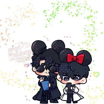 2boys animal_ears black_coat black_eyes black_hair black_shirt bow bucket chewing coat collared_shirt commentary double-parted_bangs eating full_body hair_between_eyes hair_bow highres holding holding_bucket holding_phone kim_dokja kimidori_22 looking_at_phone male_focus mouse_ears multiple_boys omniscient_reader&#039;s_viewpoint open_clothes open_coat phone popped_collar shirt short_hair sunglasses symbol-only_commentary white_coat yoo_joonghyuk