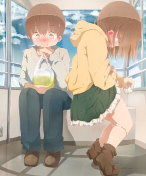 1boy 1girl 22m absurdres bag blush boots brown_eyes brown_hair ear_blush embarrassed frilled_skirt frills green_skirt highres holding hood indoors loli long_sleeves miniskirt nose_blush original panties pants panty_pull pee plastic_bag puddle shirt short_hair sitting skirt sky sweat underwear wet wet_clothes