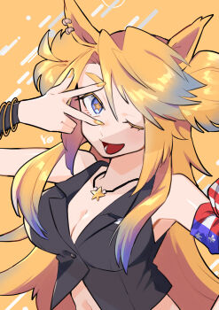 1girl absurdres american_flag american_flag_print animal_ears bandana_around_arm black_shirt blonde_hair blue_eyes blue_hair bracelet breasts cleavage commentary_request flag_print highres horse_ears horse_girl jewelry large_breasts long_hair looking_at_viewer mainiti_(g_mainiti) multicolored_hair navel necklace obey_your_master_(umamusume) one_eye_closed open_mouth shirt sleeveless sleeveless_shirt smile solo star-shaped_pupils star_(symbol) star_necklace stomach symbol-shaped_pupils two-tone_hair umamusume umamusume:_cinderella_gray upper_body w yellow_nails