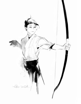 Rule 34 | 1boy, archery, artistguillotine, bow (weapon), chinese commentary, closed mouth, commentary request, dated, earrings, getou suguru, greyscale, highres, holding, holding bow (weapon), holding weapon, japanese clothes, jewelry, jujutsu kaisen, kimono, kyuudou, monochrome, short hair, short sleeves, signature, simple background, sketch, solo, weapon, white background, yumi (bow)