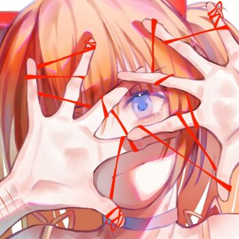 1girl blue_eyes cat&#039;s_cradle choker close-up hair_between_eyes hair_ornament highres interface_headset_(evangelion) looking_at_viewer madao07979 neon_genesis_evangelion orange_hair smile solo souryuu_asuka_langley string string_around_finger string_of_fate