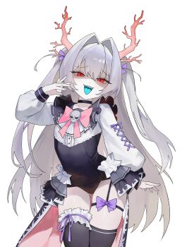 Rule 34 | 1girl, absurdres, aqua tongue, black choker, black leotard, black skirt, black thighhighs, bow, choker, commentary, commission, covered navel, cowboy shot, double-parted bangs, frilled skirt, frilled thigh strap, frills, grey hair, hair between eyes, hand up, highres, horns, leotard, long hair, long sleeves, looking at viewer, nbee ya, original, pink horns, pink ribbon, purple bow, purple ribbon, red eyes, ribbon, shaded face, sharp teeth, simple background, skirt, skull ornament, solo, standing, teeth, thigh gap, thigh strap, thighhighs, thighs, tongue, tongue out, upper teeth only, white background