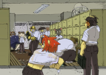 6+boys bad_id bear_boy cat_boy commentary_request dog_boy furry furry_male gamma_dh getabako juuichi_mikazuki kounosuke_kuri kyouji_takahara lion_boy locker looking_at_another male_focus morenatsu multiple_boys raccoon_boy school_uniform shin_kuroi shun_kodori soutarou_touno tiger_boy torahiko_oshima wolf_boy