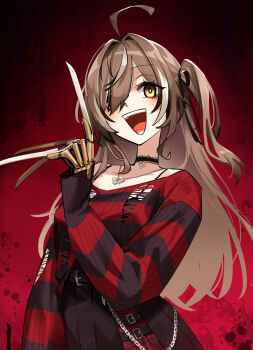 1girl :d a_nightmare_on_elm_street absurdres adarin ahoge belt wallet_chain black_belt black_choker black_hair black_sweater blood blood_splatter blush brown_eyes brown_hair choker claw_(weapon) collarbone commentary cosplay english_commentary freddy_krueger freddy_krueger_(cosplay) frilled_choker frills hair_intakes hair_over_one_eye hair_ribbon heart heart_choker highres hololive hololive_english jewelry long_hair long_sleeves messy_hair multicolored_hair nanashi_mumei nanashi_mumei_(emo) necklace official_alternate_costume official_alternate_hairstyle one_side_up open_mouth plaid_clothes plaid_skirt pleated_skirt red_background red_sweater ribbon sidelocks single_off_shoulder skirt sleeves_past_wrists smile spaghetti_strap straight-on streaked_hair striped_clothes striped_sweater sweater swept_bangs teeth torn_clothes torn_sleeves torn_sweater two-tone_sweater virtual_youtuber weapon white_hair