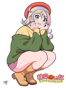 1girl agongaaka aqua_eyes beret boots brown_boots green_jacket hashtag-only_commentary hat highres jacket looking_at_viewer miniskirt multicolored_hair open_mouth original pink_hair pink_skirt red_hat signature simple_background skirt solo squatting streaked_hair sweater teeth two-tone_hair upper_teeth_only white_background white_hair yellow_sweater