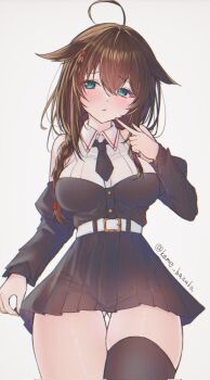 1girl ahoge bare_shoulders belt black_necktie black_thighhighs blue_eyes blush braid breasts brown_hair butao commentary_request cowboy_shot detached_sleeves from_below gluteal_fold hair_flaps hair_ornament hair_over_shoulder highres kantai_collection long_hair medium_breasts necktie pleated_skirt shigure_(kancolle) shigure_(yokosuka)_(kancolle) shigure_kai_san_(kancolle) single_braid single_thighhigh skirt solo thigh_gap thighhighs twitter_username white_belt