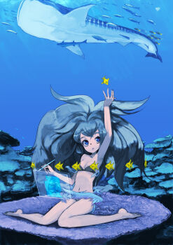 1girl barefoot bikini blue_eyes blue_hair enchi female_focus fish floating_screen holographic_interface holographic_monitor matching_hair/eyes ocean screen smile solo stylus swimsuit underwater water whale_shark