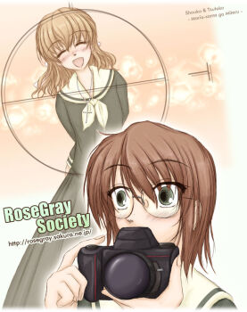 00s 2girls :d ^_^ blush brown_hair camera character_name closed_eyes copyright_name closed_eyes glasses green_eyes holding kurumi_chimari maria-sama_ga_miteru multiple_girls naitou_shouko open_mouth school_uniform serafuku shouko smile takeshima_tsutako watermark web_address yuri