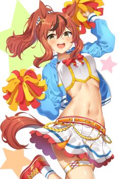 1girl absurdres animal_ears arm_up belt blue_jacket blush bow bowtie breasts brown_eyes brown_hair buwad cheerleader commentary_request crop_top cropped_jacket ear_ornament hair_ornament hair_scrunchie highres holding holding_pom_poms horse_ears horse_girl horse_tail jacket long_sleeves looking_at_viewer medium_hair midriff navel nice_nature_(run&amp;win)_(umamusume) nice_nature_(umamusume) open_clothes open_jacket open_mouth pom_pom_(cheerleading) pom_poms ponytail red_bow red_bowtie red_shoes sailor_collar sailor_shirt scrunchie shirt shoes simple_background skirt small_breasts smile socks solo squiggle star_(symbol) sweat tail teeth thigh_strap thighs umamusume upper_teeth_only white_background white_sailor_collar white_shirt white_skirt white_socks yellow_belt