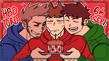 3boys :d =_= animated animated_gif animification annoyed bad_id bad_tumblr_id bandage_on_cheek birthday blinking blush brown_hair candle character_name commentary dashed_border drawstring edd_(eddsworld) eddsworld english_commentary facial_hair food goatee green_hoodie grin hair_behind_ear hair_ears happy_birthday highres holding holding_plate hollow_eyes hood hood_down hoodie long_sleeves male_focus muffin multiple_boys open_mouth paesthethyc plate red_background red_hoodie short_hair sideburns simple_background smile spiked_hair sweatdrop tan tom_(eddsworld) tord_(eddsworld)