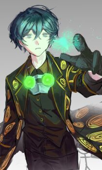 Rule 34 | 1boy, apapyart, black coat, black eyes, black gloves, black pants, black shirt, blue hair, coat, collared shirt, crossed bangs, e.g.o (project moon), fairy, gloves, grey background, hair between eyes, hashtag-only commentary, hohenheim (project moon), lamp (e.g.o), lantern (e.g.o), lapels, limbus company, looking at viewer, male focus, notched lapels, open clothes, open coat, pants, project moon, reaching, reaching towards another, shirt, short hair, solo, v, watermark, yellow eyes