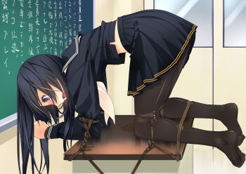 1girl bdsm black_hair blue_eyes bondage bound chalkboard classroom crying f-ism feet female_focus full_body highres indoors murakami_suigun no_shoes nylons peeing peeing_self podium rope school school_uniform skirt solo tears toe_scrunch toes