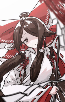 1girl absurdres brown_hair chihaya_(clothing) detached_sleeves foul_detective_satori gensokyo's_first_hakurei_miko gohei hair_tubes highres japanese_clothes kimono kosode long_hair long_sleeves looking_at_viewer miko one-hour_drawing_challenge ribbon-trimmed_sleeves ribbon_trim solo touhou ve1024 white_kimono wide_sleeves