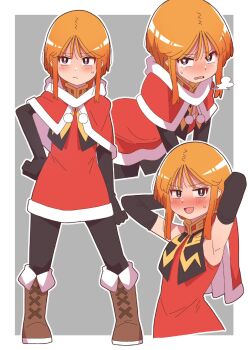 1girl alternate_costume armpits arms_behind_head arms_up averting_eyes black_pantyhose blush boots breath bright_pupils brown_boots capelet commentary_request dress full_body fur-trimmed_capelet fur-trimmed_dress fur_trim furrowed_brow gundam gundam_zz hand_on_own_hip highres long_sidelocks looking_at_viewer looking_to_the_side multiple_views neo_zeon onimaru_(onimal7802) open_mouth orange_hair pantyhose purple_eyes puru_two red_capelet red_dress santa_costume santa_dress short_dress short_hair sidelocks sleeveless sleeveless_dress smile solo_focus sweatdrop v-shaped_eyebrows white_pupils