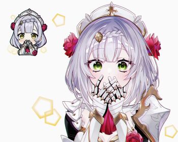 1girl armor ascot blush braid commentary_request covering_own_mouth flower gauntlets genshin_impact genshin_impact_sticker_redraw_(meme) green_eyes grey_hair hair_flower hair_ornament headdress looking_at_viewer meme noelle_(genshin_impact) pauldrons red_ascot red_flower red_rose rose short_hair shoulder_armor simple_background single_pauldron syarou upper_body white_background white_headdress