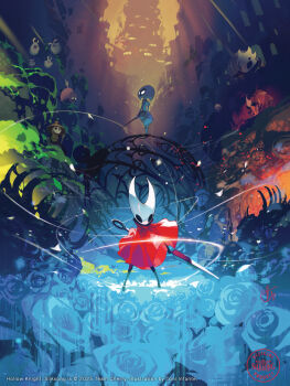 arthropod_girl bell_beast_(hollow_knight) black_skin cloak colored_skin commentary english_commentary flea_(hollow_knight) flower highres hollow_eyes hollow_knight hollow_knight:_silksong hornet_(hollow_knight) lace_(hollow_knight) looking_at_viewer looking_back needle_(hollow_knight) red_cloak shakra_(hollow_knight) sherma_(hollow_knight) standing thread toni_infante tower