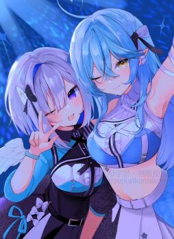 ahoge amane_kanata angel_wings arm_up armpits belt black_belt black_dress blue_hair blue_skirt blush bob_cut breasts closed_mouth collared_shirt colored_inner_hair commentary_request crop_top dress elf feathered_wings grey_hair hair_between_eyes hair_over_one_eye heart heart_ahoge hololive large_breasts long_hair long_sleeves looking_at_viewer midriff mini_wings multicolored_hair navel one_eye_closed pink_hair pointy_ears purple_eyes replicayunikorn shirt single_hair_intake skirt sleeveless sleeveless_shirt smile stomach streaked_hair sweat virtual_youtuber white_belt white_wings wings yellow_eyes yukihana_lamy