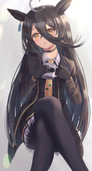 Rule 34 | 1girl, ahoge, animal ears, black choker, black coat, black gloves, black hair, black pantyhose, black shirt, black skirt, blush, choker, coat, coffee mug, collared shirt, commentary request, crossed legs, cup, ear tag, earrings, gloves, hair between eyes, highres, holding, holding cup, horse ears, horse girl, jewelry, long bangs, long hair, long hair between eyes, long sleeves, manhattan cafe (creeping shadow) (umamusume), manhattan cafe (umamusume), mug, multicolored hair, necktie, pantyhose, parted lips, shirt, simple background, single earring, sitting, skirt, solo, steaming cup, thurumu, umamusume, white hair, yellow eyes, yellow necktie