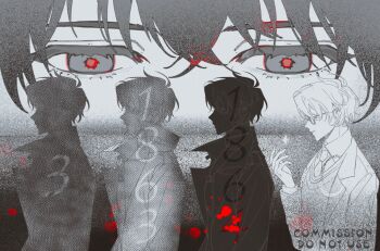 5boys black_coat black_eyes black_hair blood blood_in_hair blood_splatter coat collared_shirt commentary crossed_bangs english_commentary film_grain glasses hair_between_eyes hand_up highres kim_dokja limited_palette looking_at_viewer multiple_boys multiple_persona necktie numbered omniscient_reader&#039;s_viewpoint open_clothes open_coat red_pupils secretive_plotter shirt short_hair sparkle twle vest yoo_joonghyuk