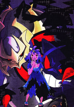 1girl acerola_(pokemon) alternate_eye_color arm_behind_back black_sclera colored_sclera commentary dress english_commentary gen_1_pokemon gen_4_pokemon gengar giratina giratina_(origin) highres lattepudding03 legendary_pokemon looking_at_viewer nintendo pokemon pokemon_(creature) pokemon_sm purple_dress purple_hair red_eyes v v_over_mouth