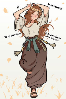 1girl arms_behind_head arms_up baggy_clothes baggy_pants blush breasts brown_hair brown_pants celebelian commentary dancing druid english_commentary english_text grass hair_over_shoulder happy head_wreath highres leaf leg_up long_hair musical_note oversized_clothes oversized_shirt pants sandals shirt solo solo_focus standing standing_on_one_leg wavy_hair white_background