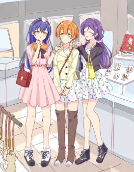 Rule 34 | 3girls, :d, :o, ^ ^, bag, black footwear, black jacket, blue hair, blush, boots, brown footwear, closed eyes, closed mouth, collarbone, commentary, dark blue hair, dress, earrings, embarrassed, full body, green eyes, hair between eyes, highres, holding earrings, hoshizora rin, indoors, jacket, jewelry, lily white (love live!), long hair, long sleeves, looking at another, love live!, love live! school idol project, low twintails, multiple girls, open clothes, open jacket, open mouth, orange hair, pink dress, pleated dress, purple hair, red bag, sa(bannane)k, shoes, shop, shopping, short dress, short hair, shoulder bag, three-quarter sleeves, smile, sneakers, sonoda umi, standing, thigh boots, tojo nozomi, twintails, v arms, white dress, yellow bag, yellow eyes, yellow jacket