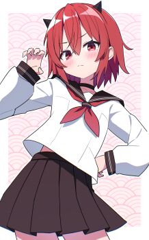 1girl absurdres black_choker black_sailor_collar blush border brown_horns brown_skirt choker closed_mouth commentary_request cowboy_shot dot_nose double-parted_bangs hair_between_eyes hand_on_own_hip hand_up highres horns kaie long_sleeves looking_at_viewer miniskirt neckerchief original outline outside_border pleated_skirt red_eyes red_hair red_neckerchief sailor_collar school_uniform serafuku shirt short_hair skirt small_horns solo white_border white_outline white_shirt
