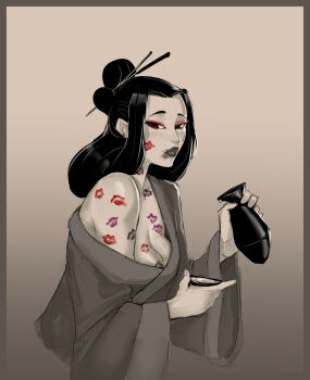 1girl bottle commentary cup darkminou eyeshadow hair_ornament hair_stick highres implied_yuri lipstick lipstick_mark lipstick_mark_on_arm lipstick_mark_on_breast lipstick_mark_on_chest lipstick_mark_on_face lipstick_mark_on_neck lipstick_mark_on_shoulder looking_at_viewer makeup nipple_slip nipples no_bra off_shoulder original sakazuki sake_bottle smeared_lipstick smile solo spot_color symbol-only_commentary upper_body wide_sleeves