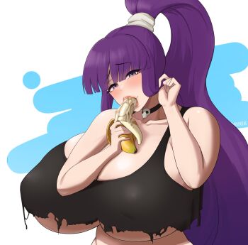 banana black_tank_top blush breasts choker drooling eiken food fruit gigantic_breasts highres lips long_hair misono_kirika muundae ponytail purple_eyes purple_hair shiny_skin sidelocks skull_choker tank_top torn_clothes very_long_hair