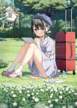 1girl black_hair blurry blurry_background closed_mouth commentary_request day dress full_body grey_dress hair_between_eyes hair_ornament hair_scrunchie hat highres holding holding_pen kantoku knees_up original outdoors panties pen pink_shoes purple_eyes rolling_suitcase scrunchie shizuku_(kantoku) shoes short_dress short_hair short_sleeves sitting socks solo suitcase textless_version underwear white_clover white_panties white_scrunchie white_socks