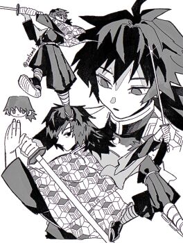1boy belt buttons chibi demon_slayer_uniform empty_eyes full_body gold_buttons greyscale haori high_collar highres holding holding_sword holding_weapon jacket japanese_clothes katana kikkoumon kimetsu_no_yaiba long_hair low_ponytail male_focus monochrome multiple_views pants parted_lips ponytail print_haori solo spiked_hair sword tomioka_giyuu twitter_username upper_body weapon white_background zelzmd