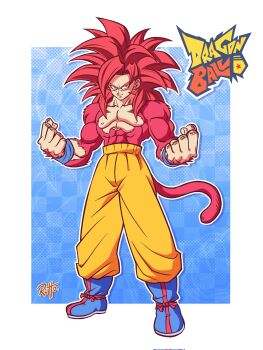 Rule 34 | 1boy, blue background, blue boots, body fur, boots, closed mouth, copyright name, dragon ball, dragon ball daima, full body, highres, male focus, medium hair, monkey tail, muscular, muscular male, orange pants, pants, red eyes, red fur, red hair, red tail, renatt (rntt o), smile, solo, son goku, spiked hair, super saiyan, super saiyan 4, tail, topless male