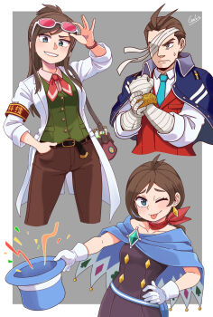 1boy 2girls :p absurdres ace_attorney apollo_justice armband bag bandage_over_one_eye bandaged_arm bandaged_hand bandages bandana bandana_around_neck belt black_belt black_dress black_eyes blue_capelet blue_eyes blue_jacket bracelet breasts brown_hair brown_pants capelet coat commentary dress ema_skye eyewear_lift frown galois gloves hand_in_pocket hand_on_own_hip handbag hat highres holding holding_unworn_clothes holding_unworn_hat jacket jacket_on_shoulders jewelry medium_breasts multiple_girls one_eye_closed pants ponytail raised_inner_eyebrows red_bandana red_vest serious short_ponytail small_breasts smile sunglasses sweatdrop tongue tongue_out top_hat trucy_wright unworn_hat unworn_headwear vest white_coat white_gloves