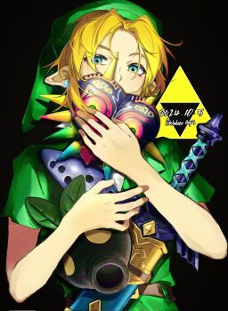 Rule 34 | 1boy, belt, black background, blonde hair, blue eyes, brown belt, commentary, dated, earrings, green hat, green tunic, hat, highres, holding, holding mask, holding ocarina, instrument, jewelry, link, majora (zelda), male focus, mask, master sword, nintendo, ocarina, parted bangs, phrygian cap, pointy ears, short hair, short sleeves, solo, untranslatable commentary, the legend of zelda, the legend of zelda: majora's mask, the legend of zelda: ocarina of time, tikoto 2023, triforce, tunic, upper body