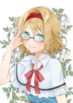 1girl absurdres alice_margatroid bespectacled blonde_hair blue_dress blue_eyes blush bow bowtie capelet closed_mouth commentary_request dress flower flower_request glasses hairband highres looking_at_viewer medium_hair red_bow red_bowtie red_hairband smile solo touhou tsuno_no_hito upper_body white_capelet white_flower