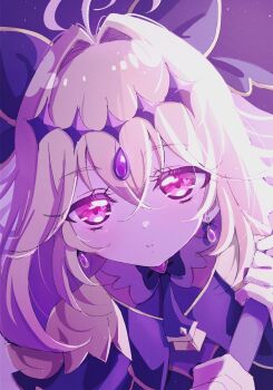 Rule 34 | 1girl, antenna hair, blonde hair, brooch, capelet, closed mouth, cure arcana shadow, diamond hairband, frilled capelet, frills, hair intakes, highres, hitotomo, holding, holding rod, jewelry, light smile, long hair, looking at viewer, magical girl, meitantei precure!, moria luluka, night, precure, purple veil, rod, tear arcana rod, veil