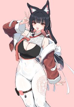 1girl absurdres animal_ear_fluff animal_ears black_hair black_shirt breasts character_request cleavage copyright_request cowboy_shot cropped_jacket fox_ears fox_girl highres jacket kagi_f mole mole_on_breast multicolored_hair open_clothes open_jacket pantyhose pink_background pink_hair red_jacket shirt simple_background solo two-tone_hair white_pantyhose