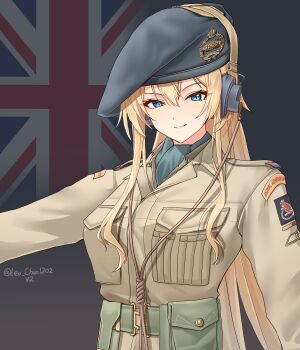 1girl absurdres artist_name ascot belt beret black_hat blonde_hair blue_eyes breast_pocket british_army brown_jacket closed_mouth commentary flag_background green_ascot green_belt hat hat_ornament headphones headset highres jacket leochan1202 long_hair long_sleeves looking_at_viewer military military_uniform original patch pocket shoulder_patch sidelocks smile solo union_jack unit_patch upper_body world_war_ii