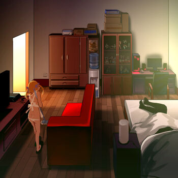 10s 1boy 1girl amatsukaze_(kancolle) apron as109 ass back bed bedroom blonde_hair broom butt_crack cleaning computer controller couch elf game_console game_controller hair_ribbon highres i-19_(kancolle) i-401_(kancolle) indoors kantai_collection loli long_hair nearly_naked_apron oshino_shinobu panties playstation_4 pointy_ears ribbon shimakaze_(kancolle) slippers south_park television tsuuhan_elf twintails underwear white_panties yamato_(kancolle)