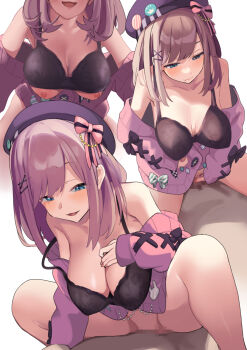 Rule 34 | 1boy, 1girl, :d, arou (arrow x666), beret, black bra, blue eyes, blush, bra, breasts, brown hair, cardigan, censored, cleavage, clothed female nude male, collarbone, cowgirl position, hand on own chest, hat, hetero, highres, large breasts, long hair, mosaic censoring, multiple views, nijisanji, nipples, nude, off shoulder, open mouth, pink cardigan, sex, smile, straddling, suzuhara lulu, suzuhara lulu (1st costume), underwear, virtual youtuber