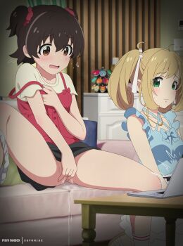 2girls absurdres akagi_miria artist_name blonde_hair blue_dress blush brown_eyes brown_hair censored computer dress eufoniuz female_focus female_masturbation green_eyes hair_ornament hair_ribbon hair_scrunchie highres idolmaster idolmaster_cinderella_girls indoors jewelry laptop legs livestream loli long_hair masturbation mosaic_censoring multiple_girls necklace panties panties_around_leg pornography_production pussy_juice red_dress red_scrunchie ribbon sato_shin scrunchie shirt short_hair sitting skirt socks spread_legs strap_slip table twintails underwear very_long_hair white_ribbon white_socks yellow_shirt