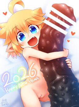 1girl 2026 :d ahoge animal_penis artist_name bar_(place) bar_censor blonde_hair blue_eyes censored chinese_zodiac cleft_of_venus commentary_request completely_nude fairy fairy_wings fang flat_chest happy_new_year heart hetero highres horse_penis kso loli looking_at_viewer meyuu_(kso) mini_person minigirl navel new_year nipples nude open_mouth original penis penis_hug pointy_ears pussy short_hair size_difference smile spiked_penis variant_set wings year_of_the_horse