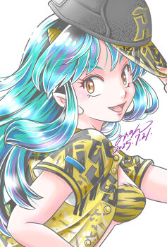 1girl 2025 :d animal_print aononmi baseball_cap blue_hair bra breasts dated dress_shirt fang from_side grey_hat hat highres horns long_hair looking_at_viewer lum medium_breasts multicolored_hair open_clothes open_mouth open_shirt orange_eyes pointy_ears shirt short_sleeves signature smile solo striped_bra striped_clothes tiger_print tiger_stripes underwear upper_body urusei_yatsura white_background yellow_bra yellow_shirt