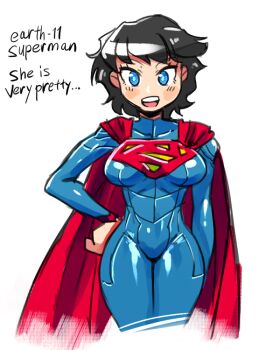 1girl black_hair blue_eyes breasts cape clara_kent dc_comics english_text female_focus genderswap genderswap_(mtf) hiryou_man_(crap-man) looking_at_viewer rariatto_(ganguri) solo superman superman_(series) text_focus