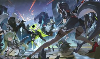 &gt;_&lt; 1boy 3girls absurdres alexandrina_sebastiane animal_ears apron armored_boots bagboo_(zenless_zone_zero) battle black_hair black_pantyhose boots butler_(zenless_zone_zero) corin_wickes ellen_joe fins fish_tail green_hair highres holding holding_weapon maid maid_apron maid_headdress multiple_girls pantyhose sb_lama shark_girl shark_tail tail twintails victoria_housekeeping_co._(zenless_zone_zero) von_lycaon weapon wolf_boy wolf_ears wolf_tail zenless_zone_zero